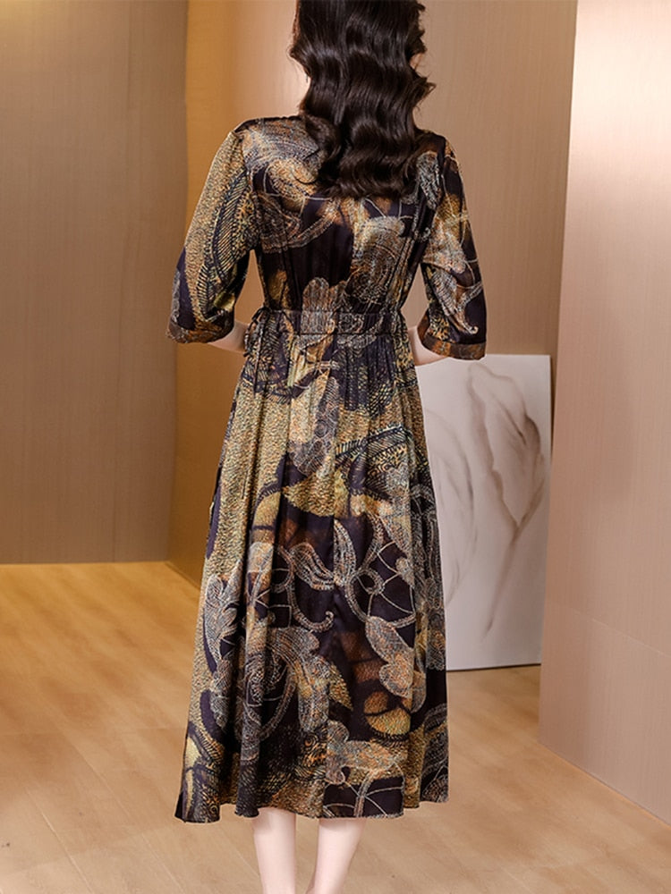 Casual Vintage Floral Natural Silk Satin Dress