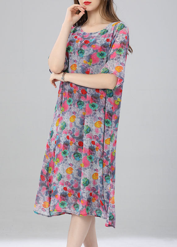 Women Floral O Neck Print Patchwork Chiffon Dress Summer