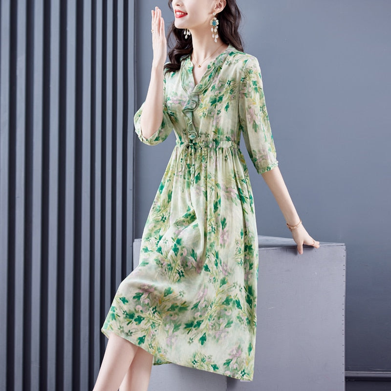 Casual Floral Silk Chic Ruffled V-Neck Midi Dress