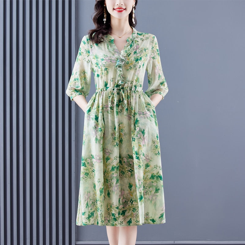 Casual Floral Silk Chic Ruffled V-Neck Midi Dress