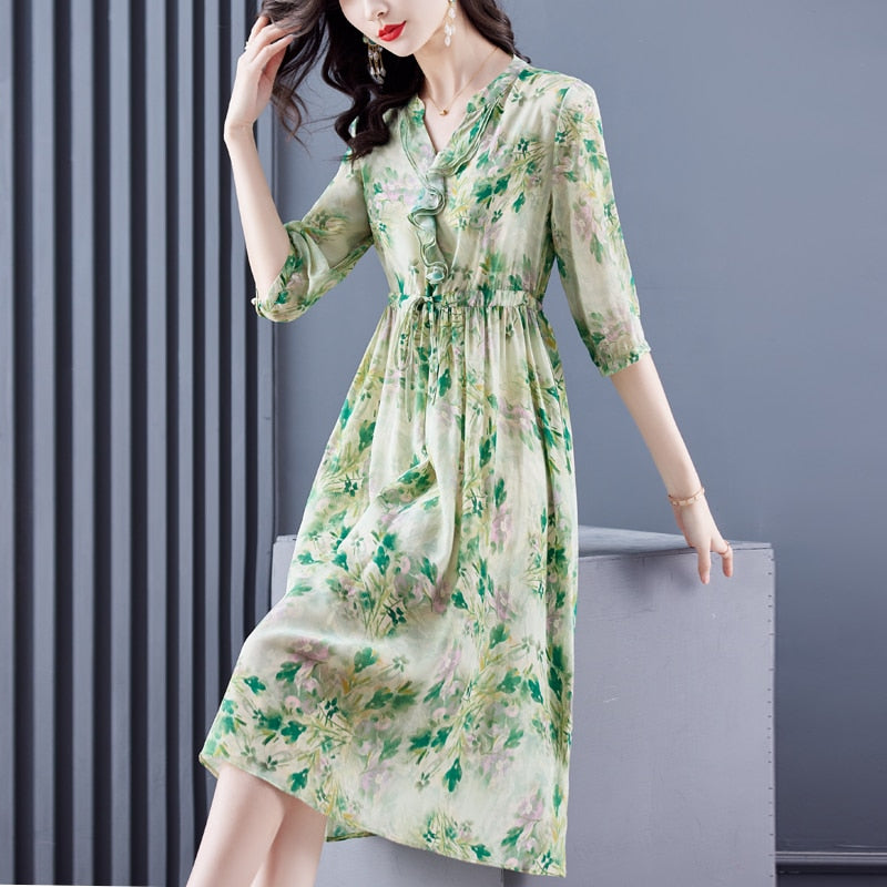 Casual Floral Silk Chic Ruffled V-Neck Midi Dress