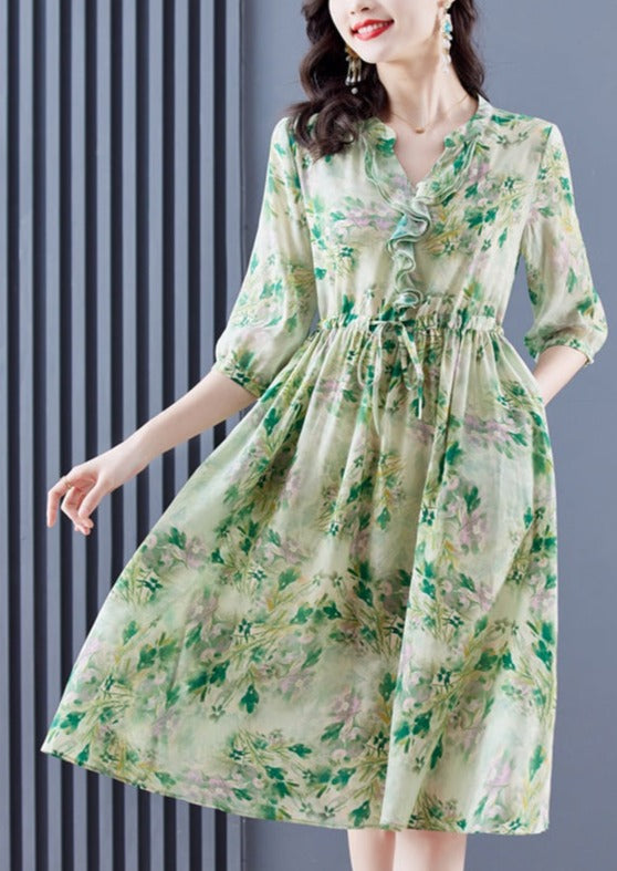 Casual Floral Silk Chic Ruffled V-Neck Midi Dress