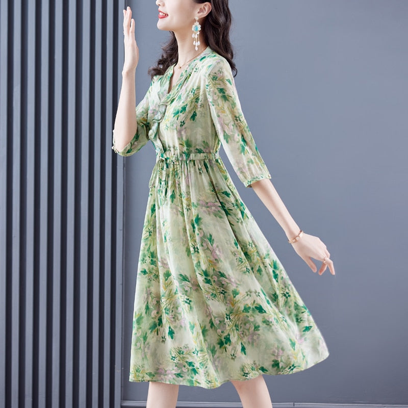 Casual Floral Silk Chic Ruffled V-Neck Midi Dress