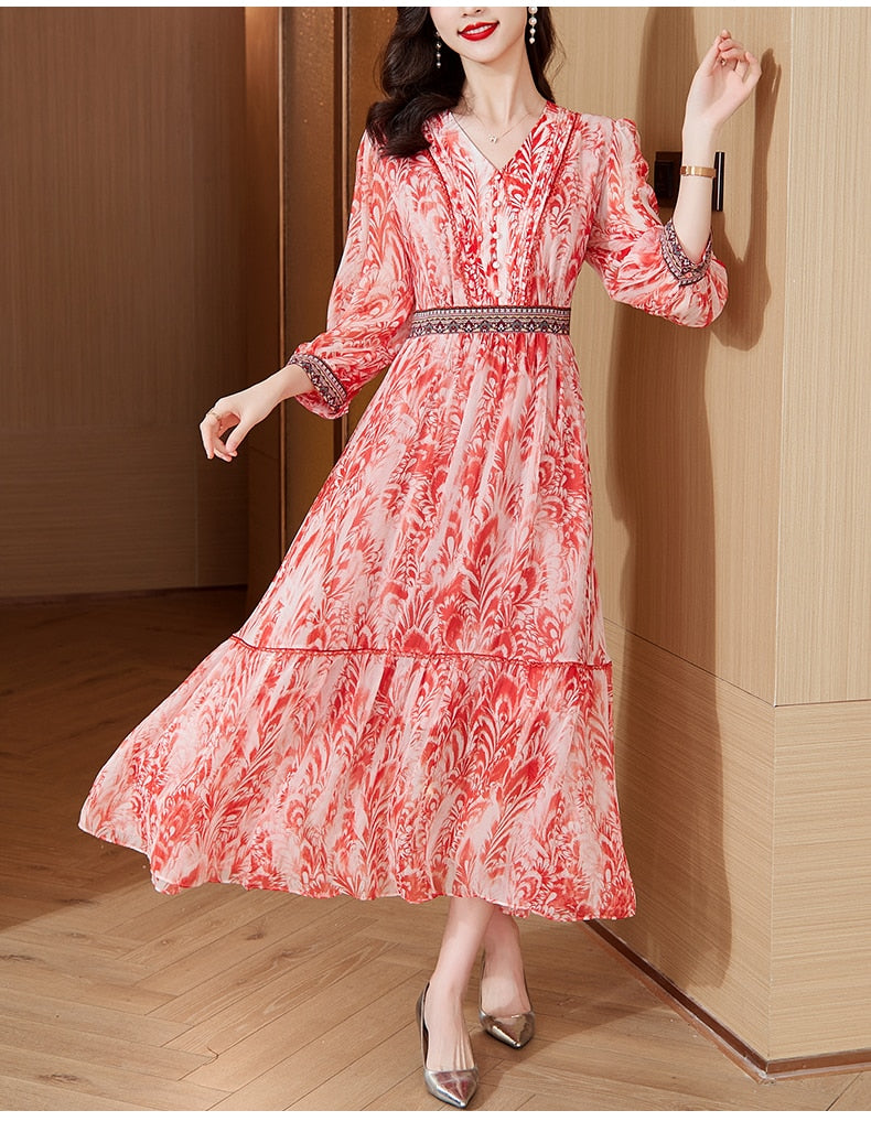 Summer Boho Floral Silk Midi Dress Short Sleeve