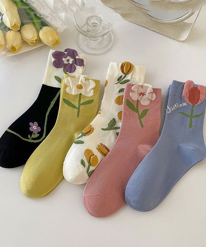 Women Flower Print Cotton Crew Socks - Omychic