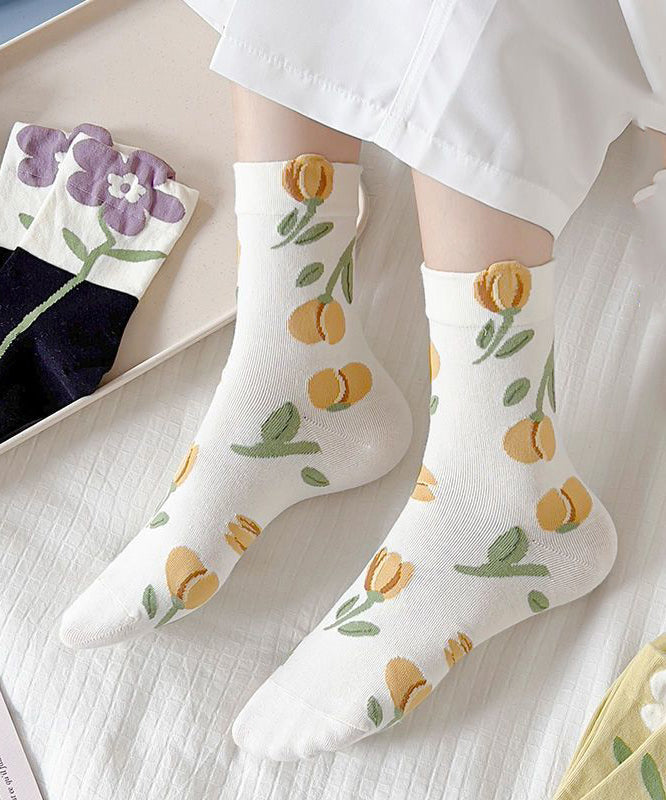 Women Flower Print Cotton Crew Socks - Omychic