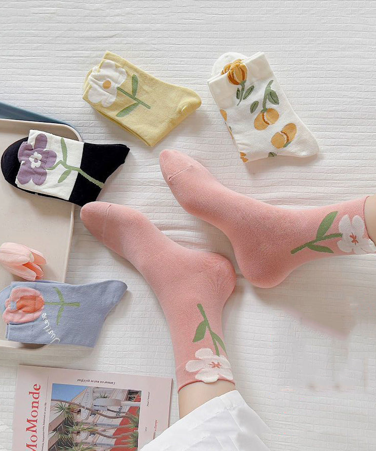 Women Flower Print Cotton Crew Socks - Omychic