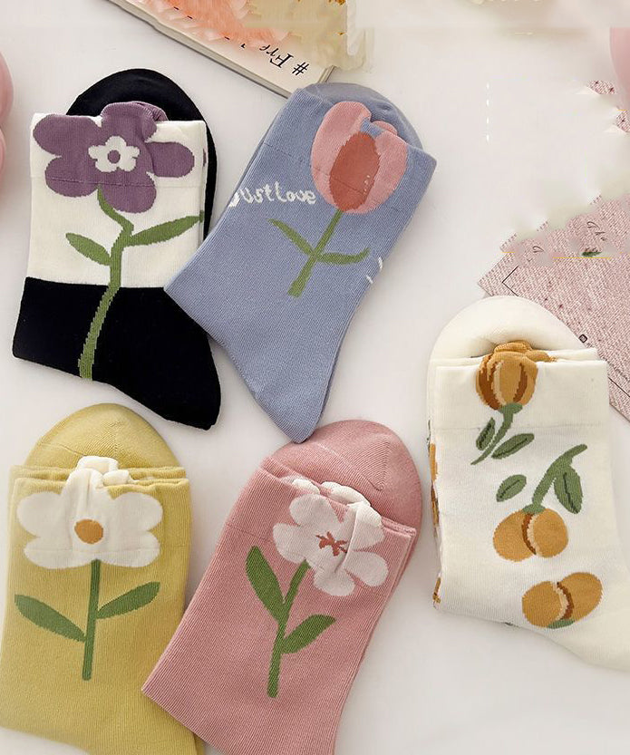 Women Flower Print Cotton Crew Socks - Omychic