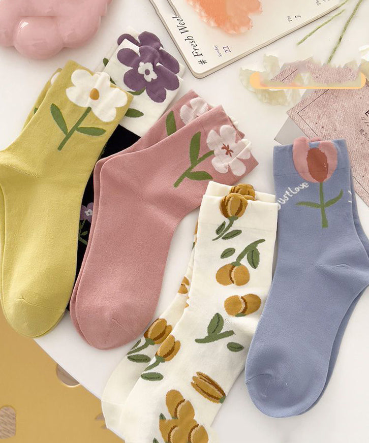 Women Flower Print Cotton Crew Socks - Omychic
