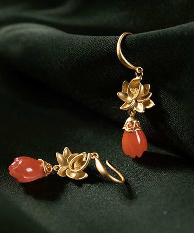 Women Gold Sterling Silver Overgild Agate Magnolia Flower Drop Earrings