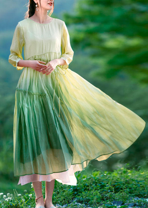 Women Gradient Green O-Neck Wrinkled Patchwork Silk Dresses Summer