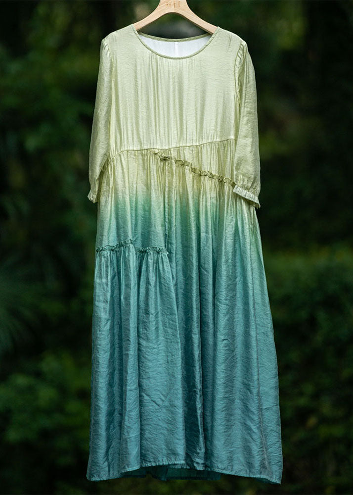 Women Gradient Green O-Neck Wrinkled Patchwork Silk Dresses Summer