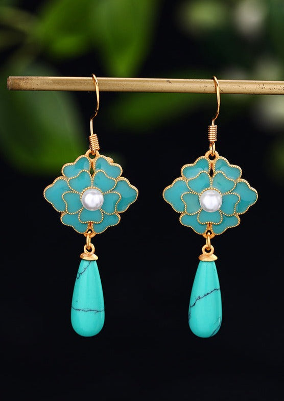 Women Grass Green Floral Gold Plated Turquoise Drop Earrings