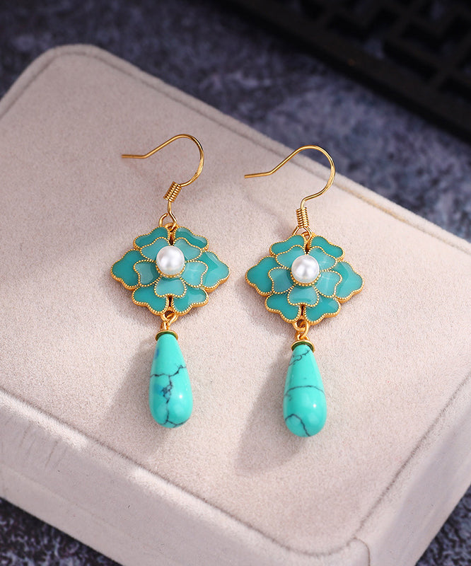 Women Grass Green Floral Gold Plated Turquoise Drop Earrings
