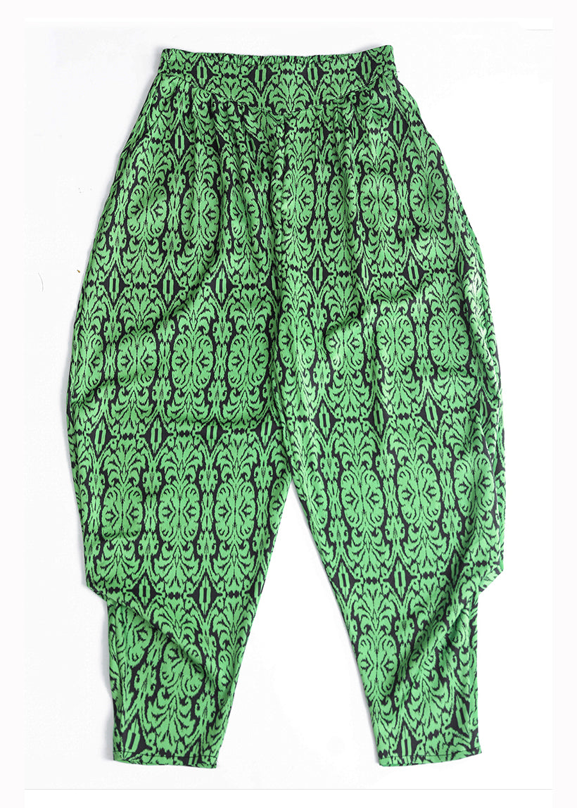Women Grass Green Pockets Print Chiffon Lantern Pants Summer