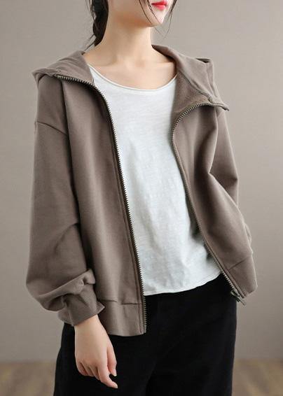 Women Gray Chocolate Fine Coat Shape Hooded Zippered Spring Coats - Omychic