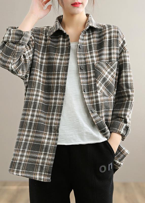 Women Gray Plaid Tunics Lapel Button Down Oversized Spring Blouses - Omychic