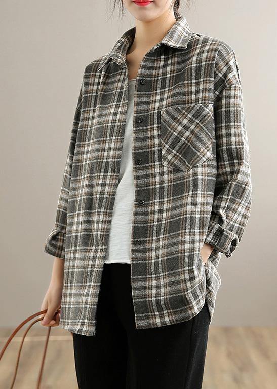 Women Gray Plaid Tunics Lapel Button Down Oversized Spring Blouses - Omychic