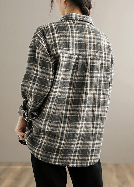 Women Gray Plaid Tunics Lapel Button Down Oversized Spring Blouses - Omychic