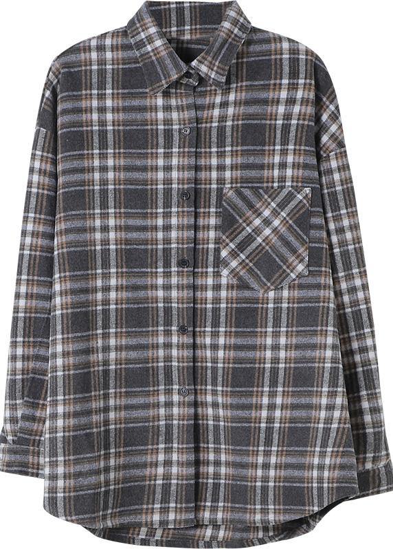 Women Gray Plaid Tunics Lapel Button Down Oversized Spring Blouses - Omychic