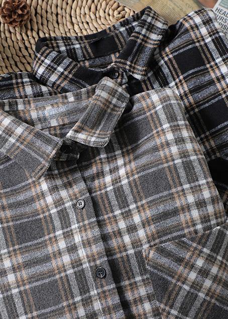 Women Gray Plaid Tunics Lapel Button Down Oversized Spring Blouses - Omychic