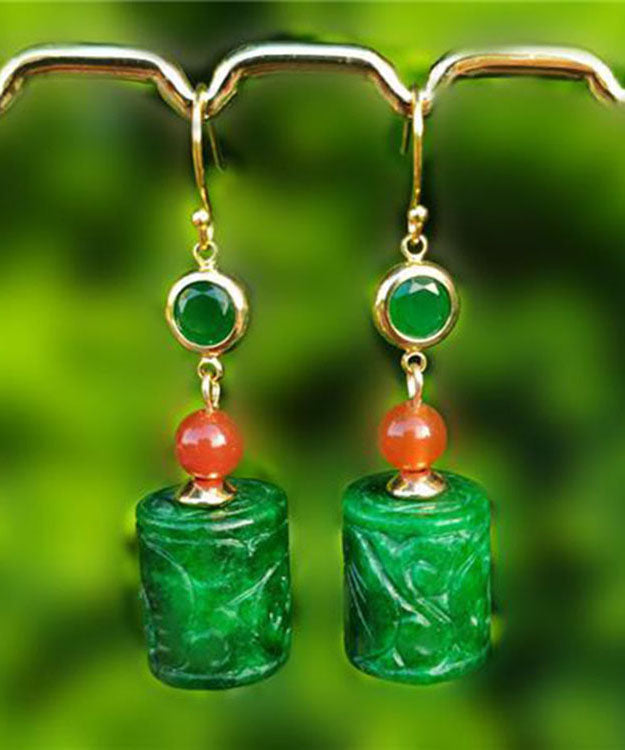 Women Green 14K Gold Dry Green Jade Agate Drop Earrings