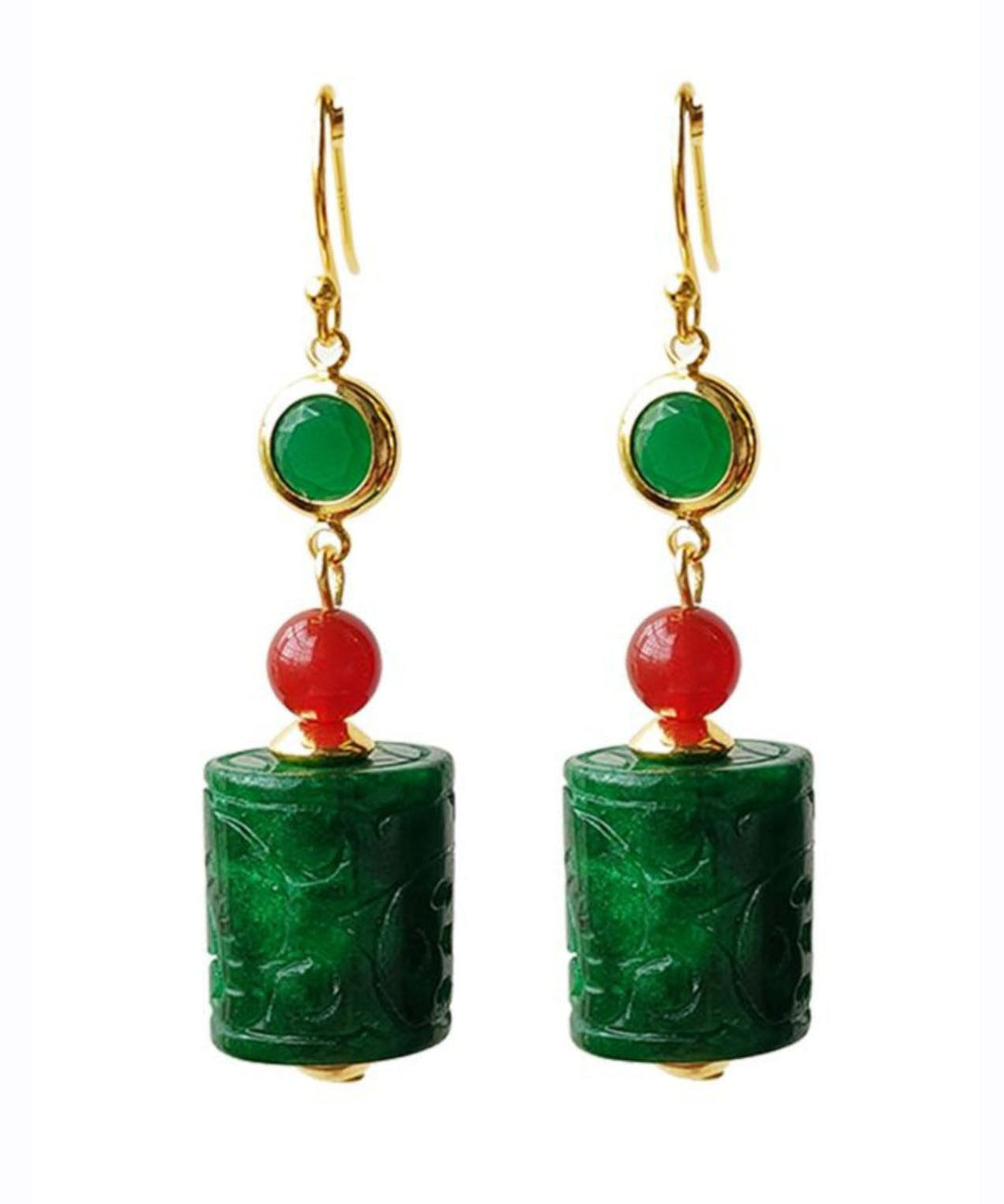 Women Green 14K Gold Dry Green Jade Agate Drop Earrings