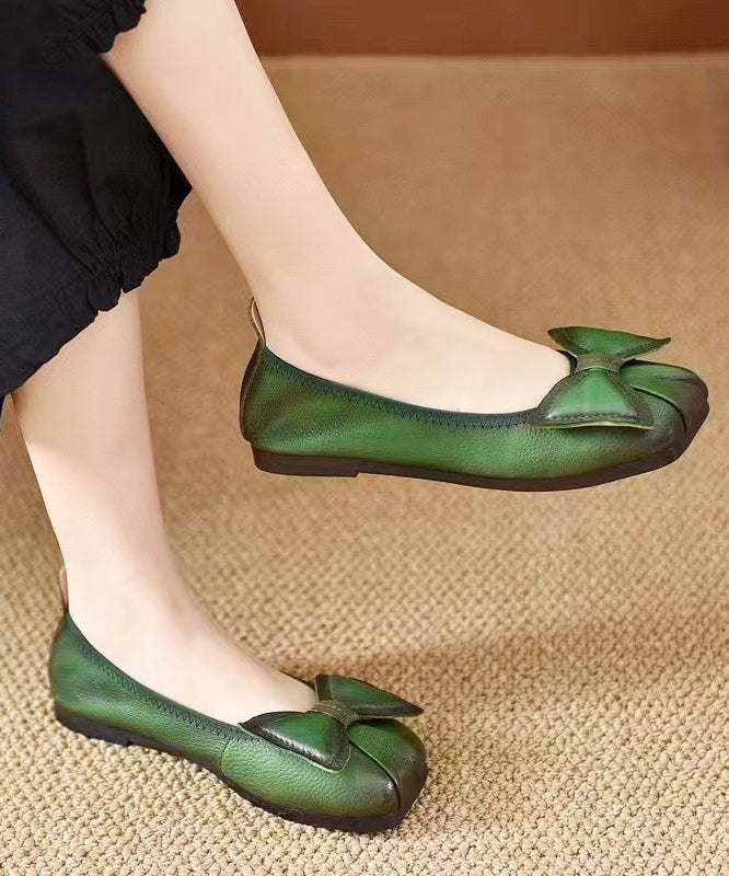 Women Green Bow Cowhide Leather Comfortable Flats Shoes