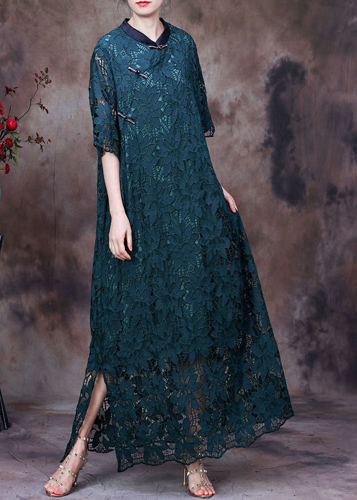 Women Green Button Embroideried Side Open Lace Long Dress Half Sleeve