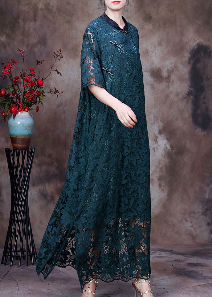 Women Green Button Embroideried Side Open Lace Long Dress Half Sleeve