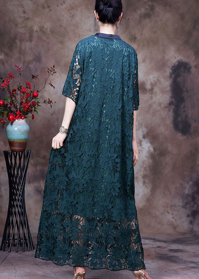 Women Green Button Embroideried Side Open Lace Long Dress Half Sleeve