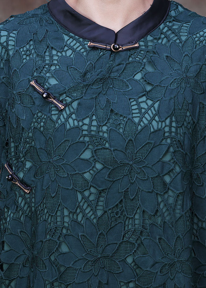 Women Green Button Embroideried Side Open Lace Long Dress Half Sleeve
