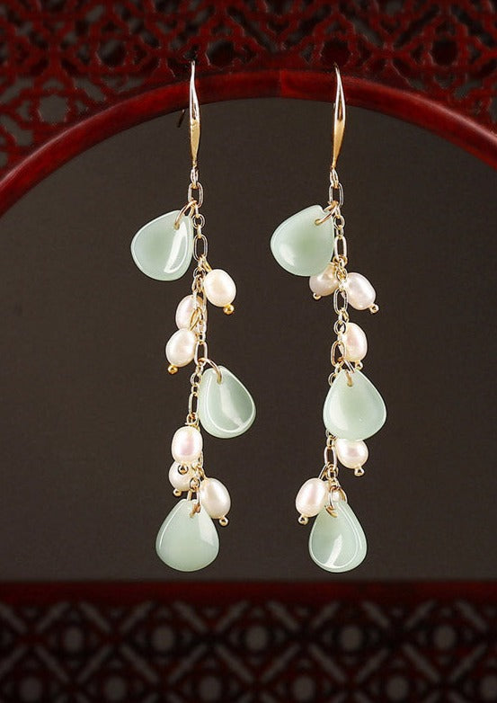 Women Green Copper Pearl Coloured Glaze Drop Earrings