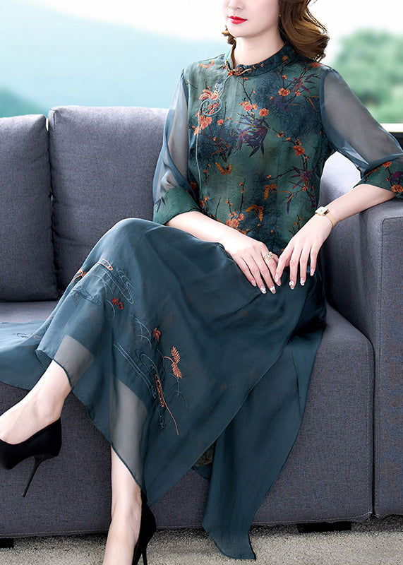 Women Green Embroideried Button Silk Shirts And Maxi Skirts Two Pieces Set Half Sleeve