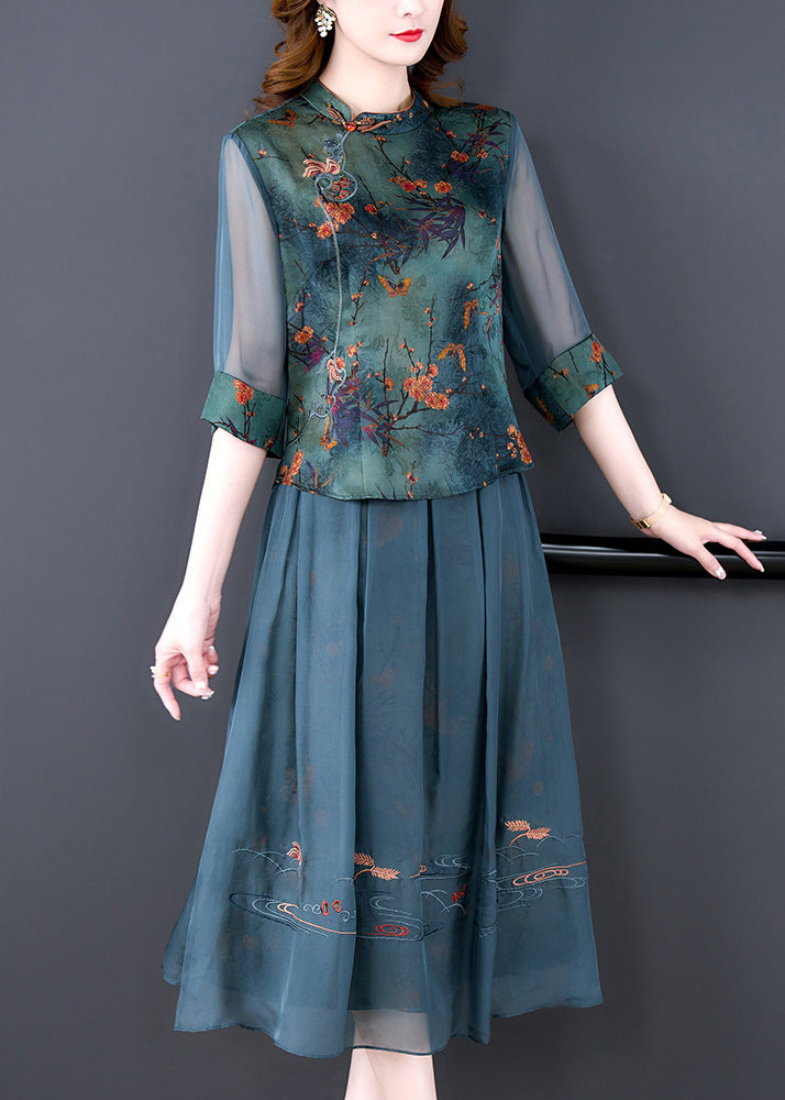 Women Green Embroideried Button Silk Shirts And Maxi Skirts Two Pieces Set Half Sleeve