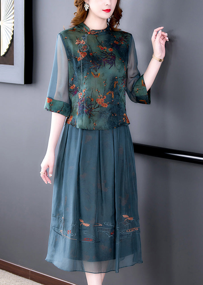 Women Green Embroideried Button Silk Shirts And Maxi Skirts Two Pieces Set Half Sleeve