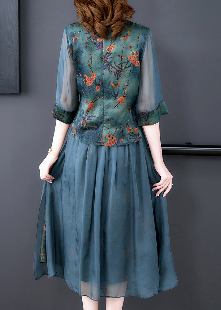 Women Green Embroideried Button Silk Shirts And Maxi Skirts Two Pieces Set Half Sleeve