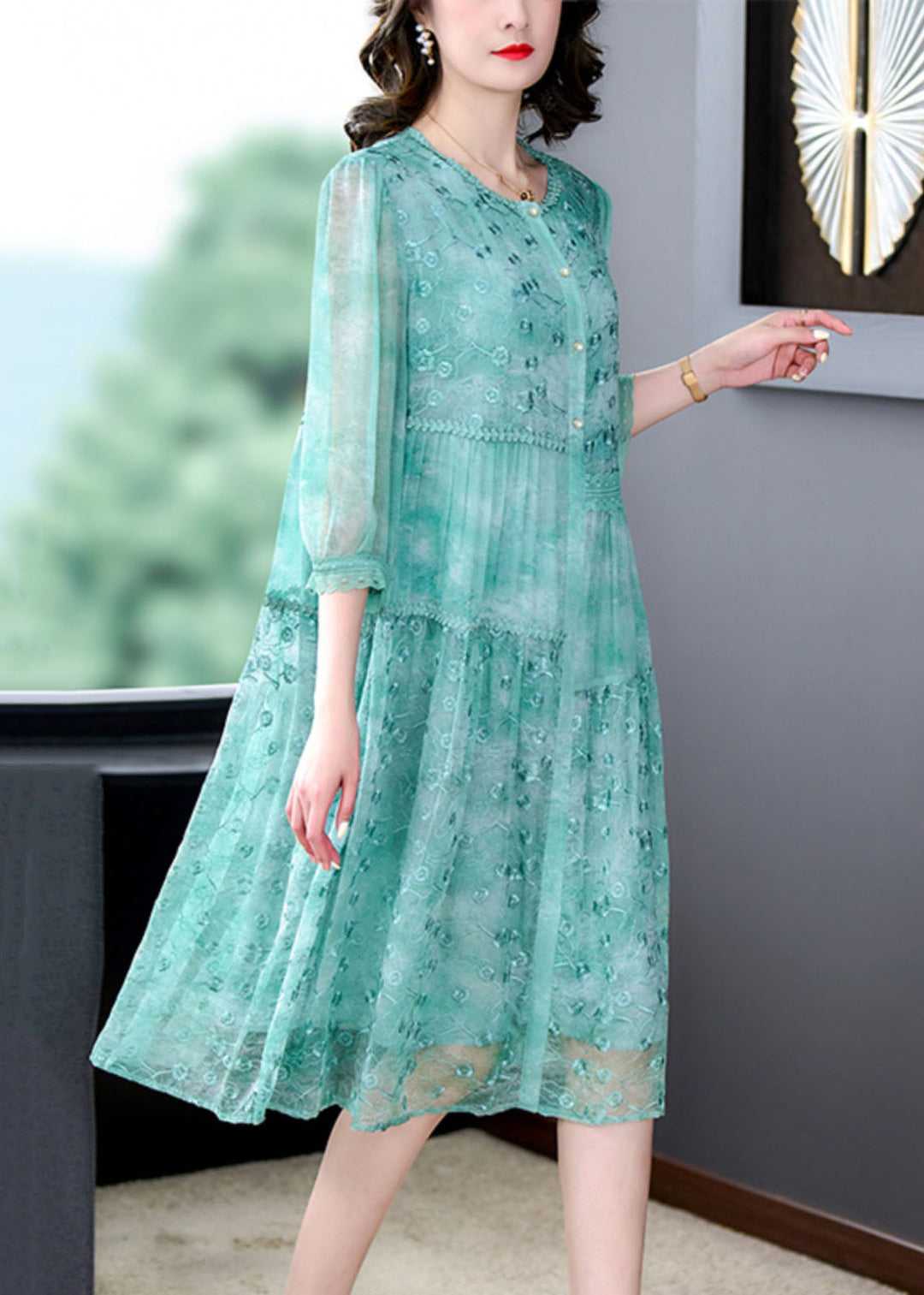 Women Green Embroideried Patchwork Silk Mid Dress Summer