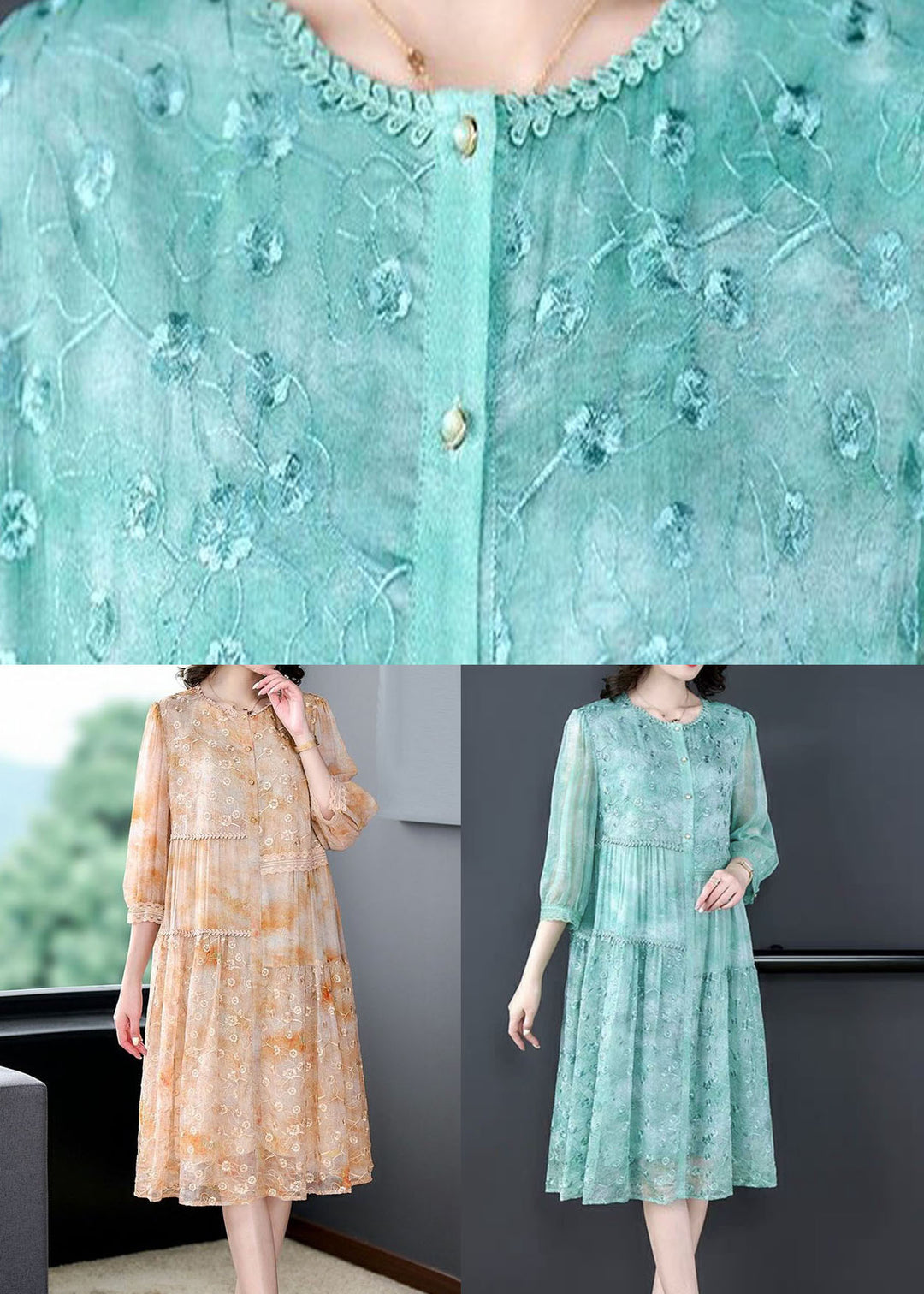 Women Green Embroideried Patchwork Silk Mid Dress Summer