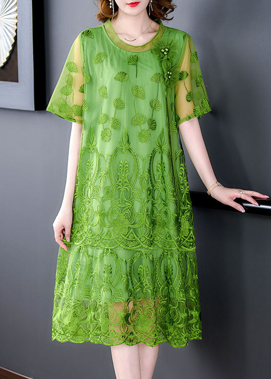 Women Green Embroideried Patchwork Tulle Dresses Short Sleeve