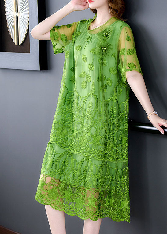 Women Green Embroideried Patchwork Tulle Dresses Short Sleeve