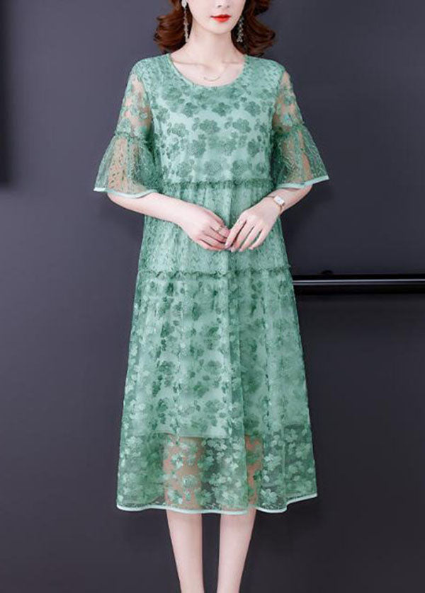 Women Green Embroideried Patchwork Tulle Holiday Dress Summer