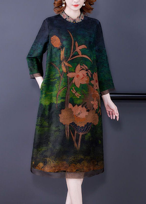 Women Green Embroideried Patchwork Zippered Silk Dresses Bracelet Sleeve