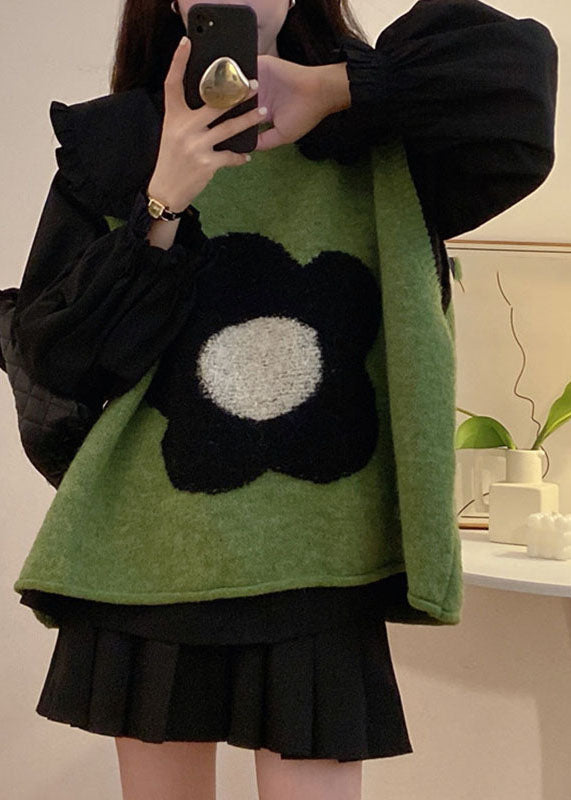 Women Green Floral Cotton Knit Waistcoat Black Shirts And Pleated Skirt Three Pieces Set Long Sleeve