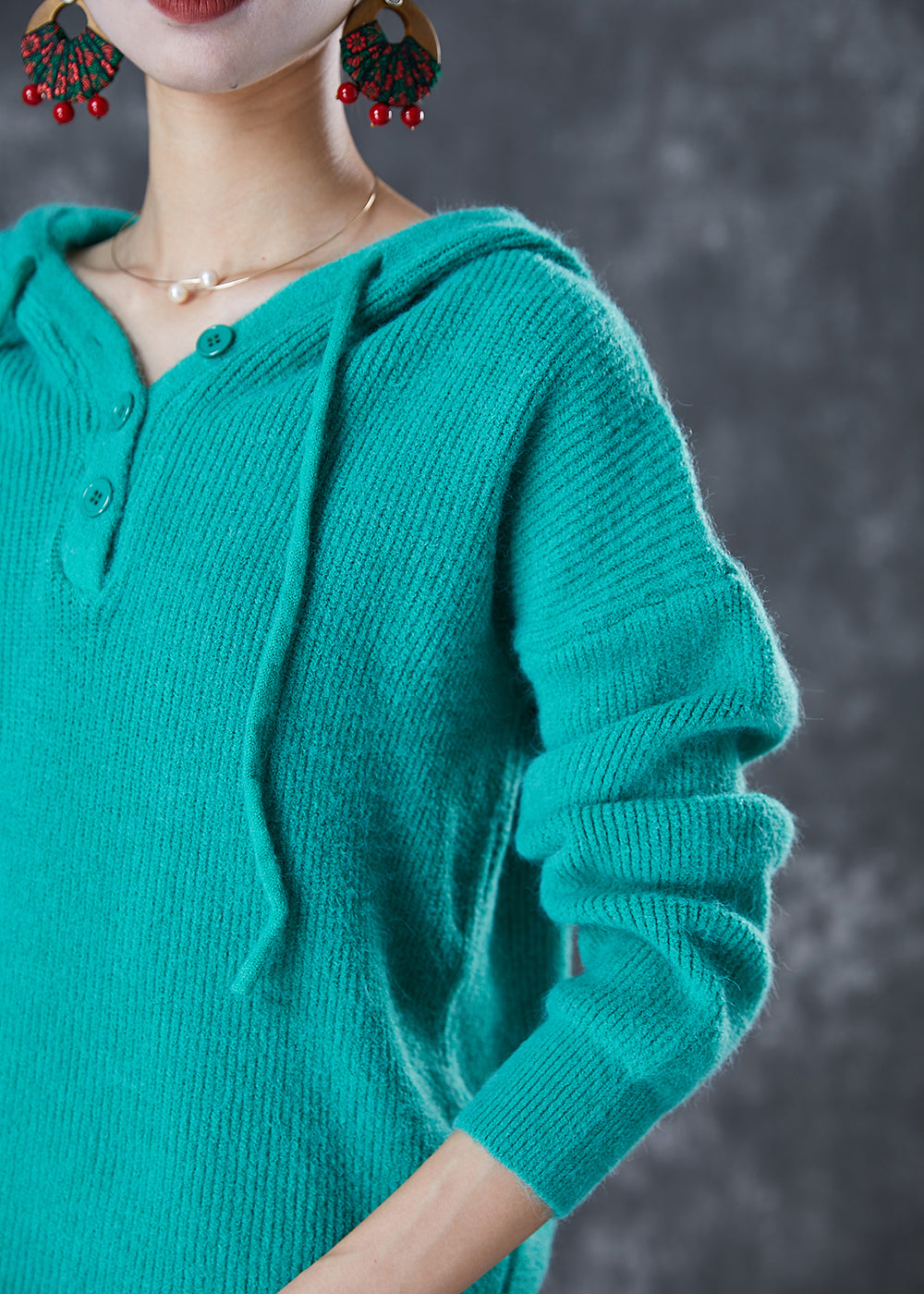 Women Green Hooded Drawstring Knit Sweatshirts Top Fall