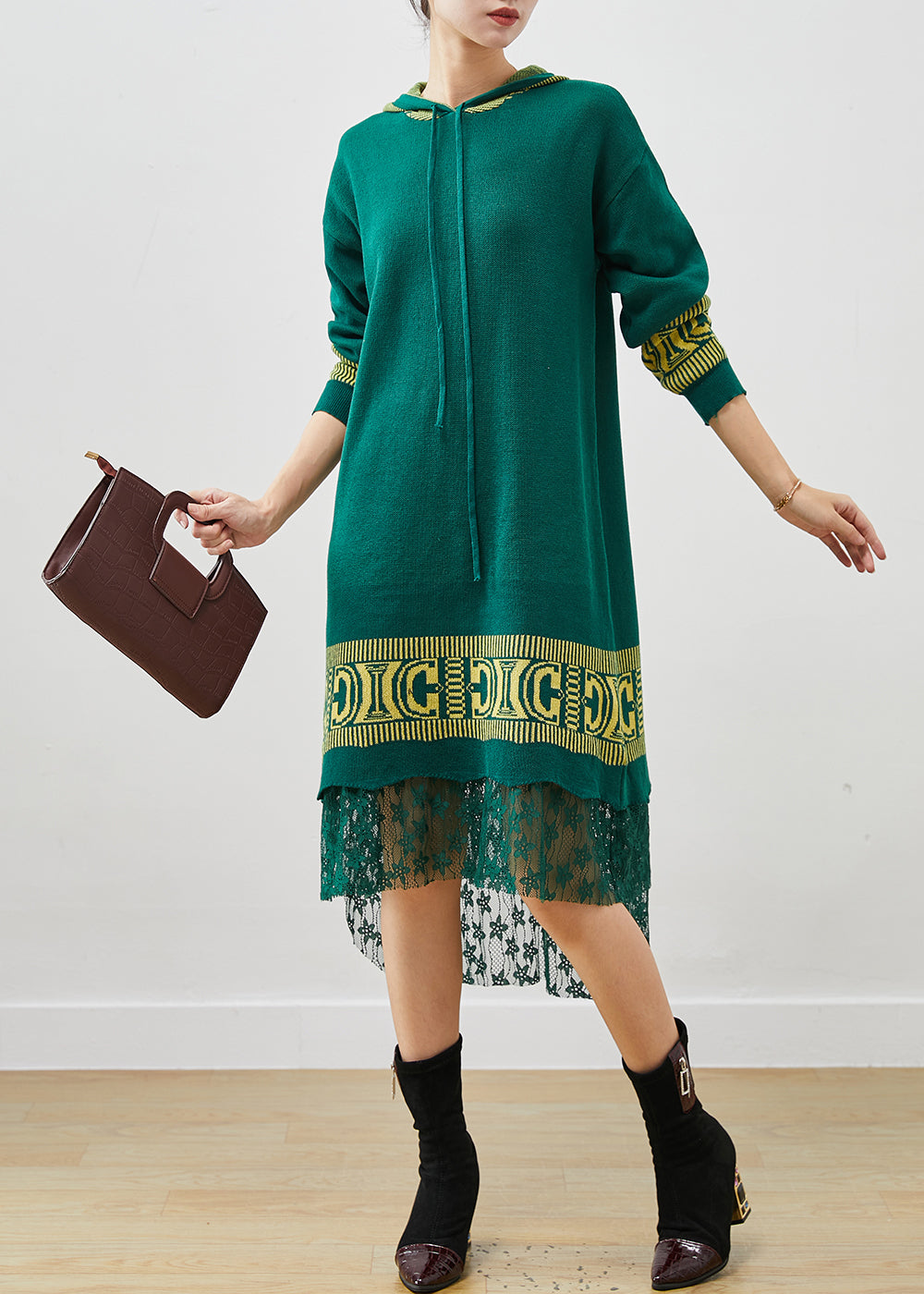 Women Green Hooded Patchwork Lace Knit Vacation Dresses Spring