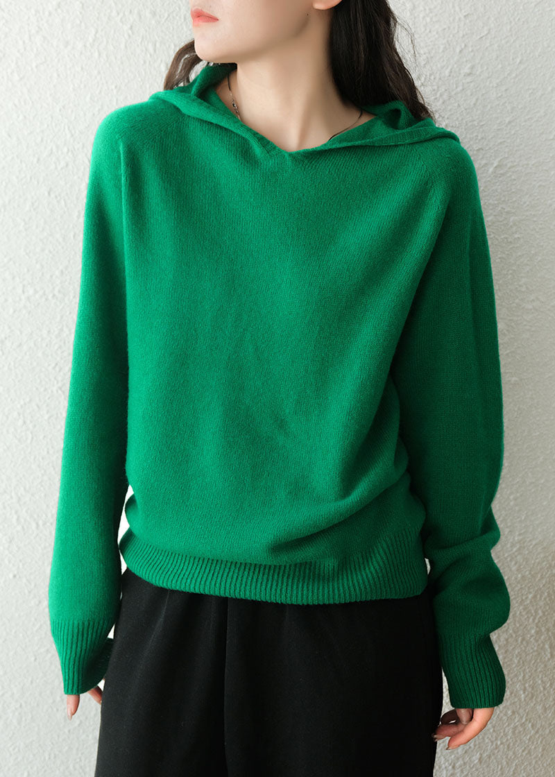 Women Green Hooded Thick Solid Color Wool Sweaters Winter