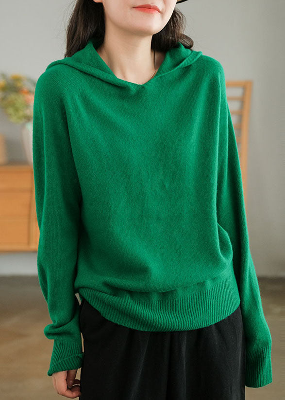 Women Green Hooded Thick Solid Color Wool Sweaters Winter