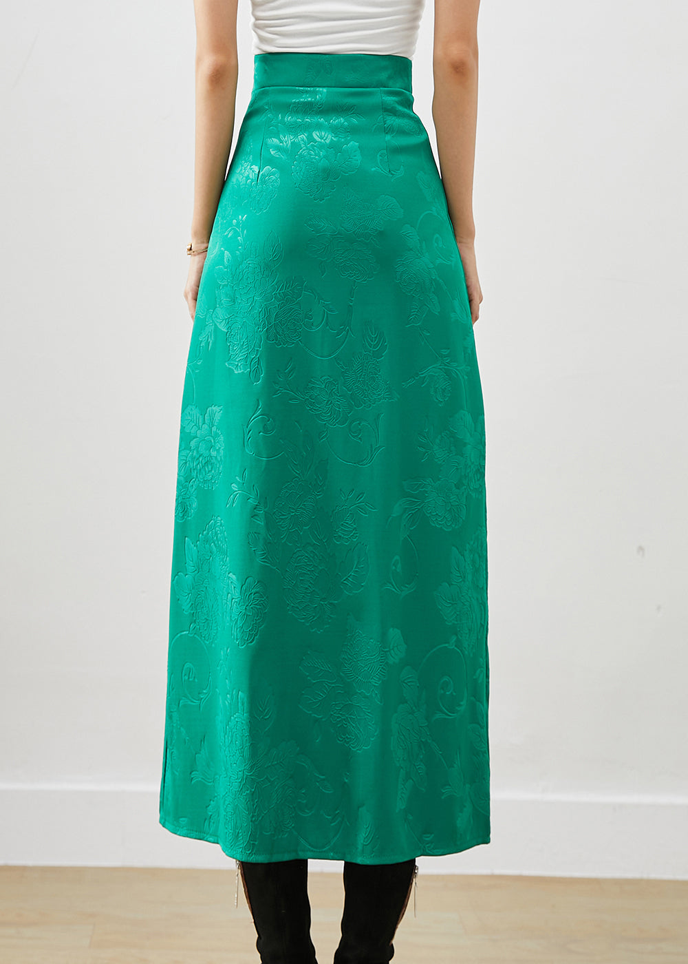 Women Green Jacquard Chinese Button Silk Wraped Skirt Fall