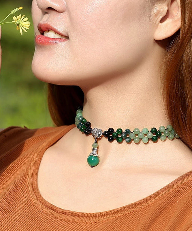 Women Green Jade Agate Crystal Pendant Necklace